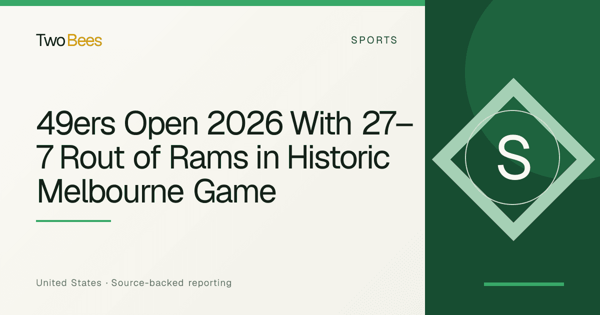 Editorial illustration for 49ers Open 2026 With 27–7 Rout of Rams in Historic Melbourne Game