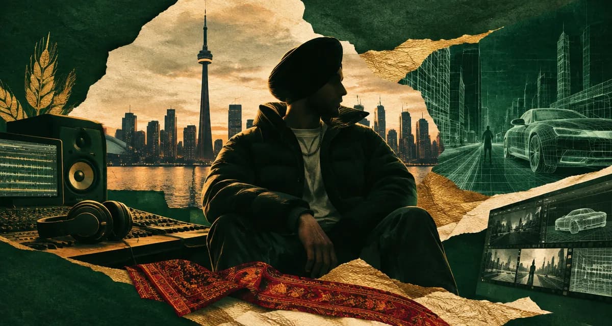 AI-generated editorial illustration about Navaan Sandhu’s “Hood Ambience” Builds a Digital Punjabi Soundscape